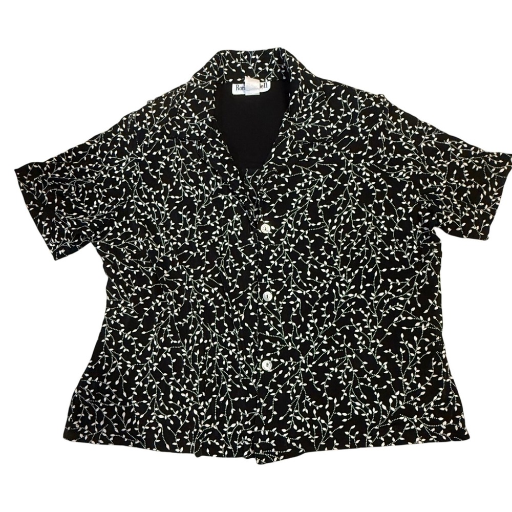 Ronni Nicole II Button Down Top Black White Leaf Print Blouse Plus Size 18W
